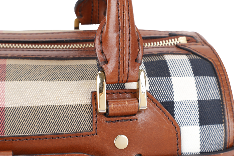 BURBERRY HOUSE CHECK BRIDLE BOWLING BAG BROWN CANVAS AND LEATHER GOLD HARDWARE WITH DUST COVER