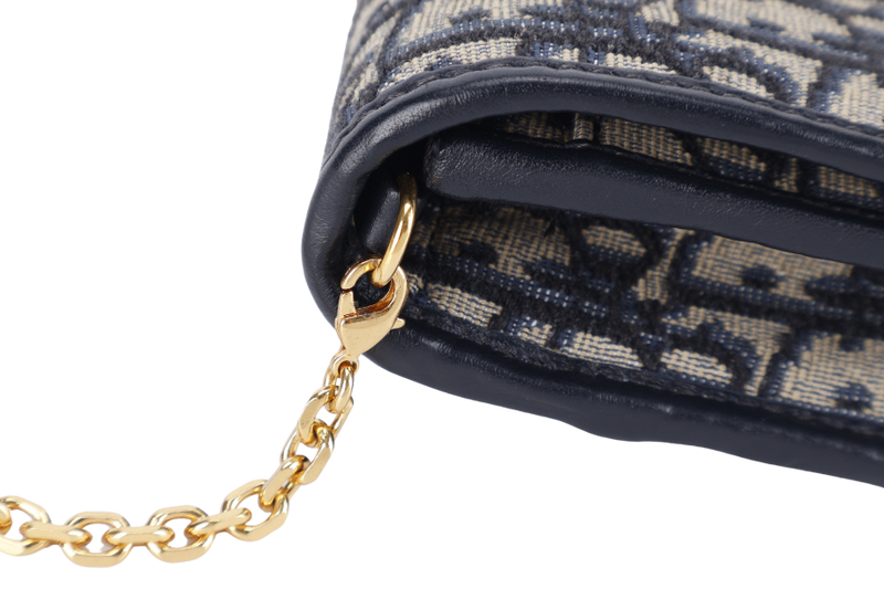 CHRISTIAN DIOR MONTAIGNE 2 IN 1/W.O.C BLUE NAVY OBLIQUE JACQUARD GOLD HARDWARE WITH CHAIN STRAPS, LEATHER STRAPS , DUST COVER AND BOX