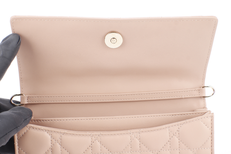 CHRISTIAN DIOR CHAIN TOP HANDLE LADY DIOR WOC MINI CARAMEL BEIGE LAMBSKIN GOLD HARDWARE WITH STRAPS, CARD, DUST COVER AND BOX