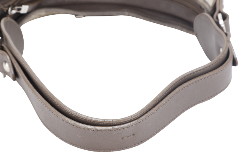SALVATORE FERRAGAMO GANCINI GREY CANVAS WITH BROWN LEATHER LINING SILVER HARDWARE WITH DUST COVER