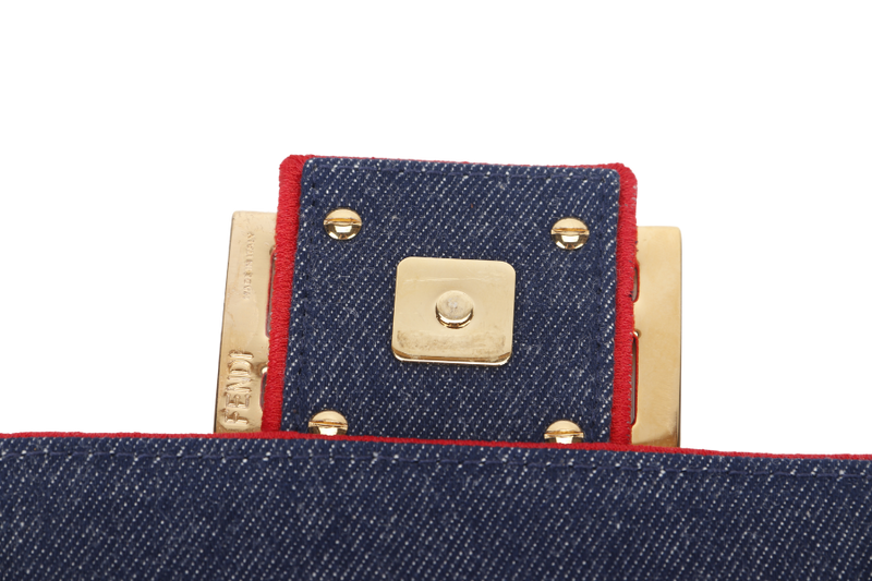 FENDI BAGUETTE SHOULDER BAG (8BR771) LARGE BLUE DENIM GOLD HARDWARE WITH STRAP, DUST COVER AND BOX