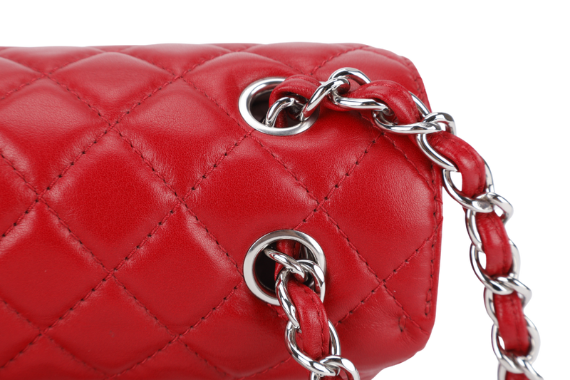 CHANEL SINGLE FLAP BAG (1444xxxx) RED QUILTED LAMBSKIN SILVER HARDWARE WITH CARD