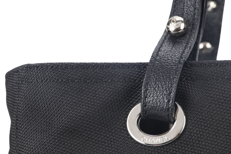 CHANEL PARIS BIARRITZ MEDIUM TOTE (1251xxxx) BLACK COATED CANVAS SILVER HARDWARE WITH CARD, DUST COVER AND BOX