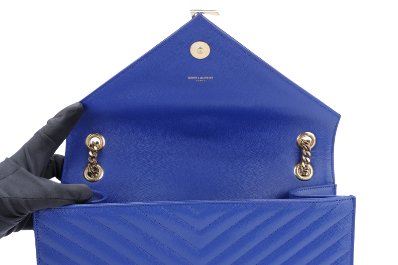 YVES SAINT LAURENT (YSL) LARGE ENVELOPE SHOULDER BAG BLUE GRAIN DE POUDRE LEATHER GOLD HARDWARE