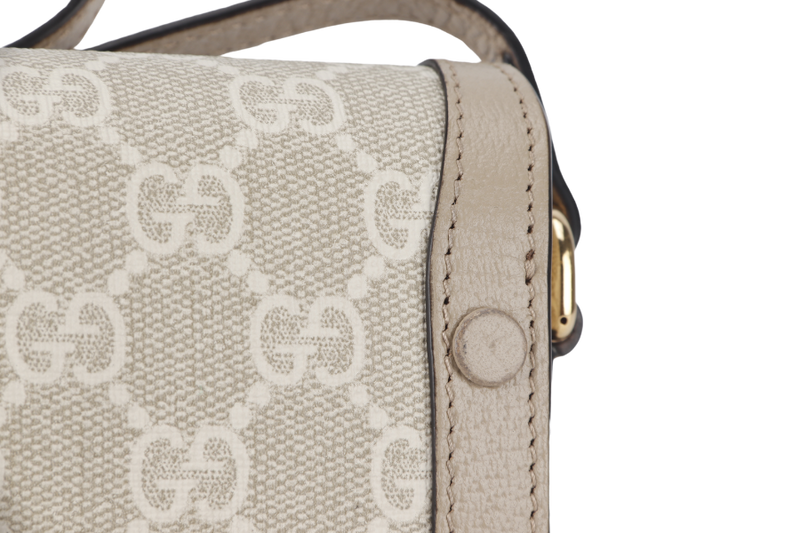 GUCCI MINI HORSEBIT 1955 (699296) BEIGE WHITE GG SUPREME CANVAS GOLD HARDWARE (PIG SKIN) WITH DUST COVER AND BOX