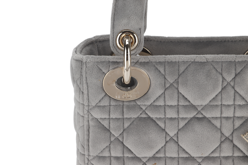 CHRISTIAN DIOR LADY DIOR (01-RU-1129) MINI GREY SUEDE LEATHER GOLD HARDWARE WITH STRAP, CARD AND DUST COVER