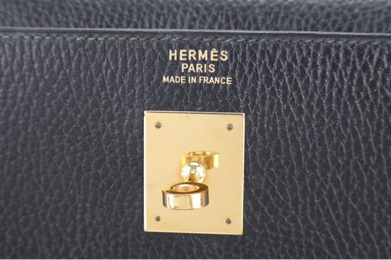 HERMES KELLY SELLIER 35 STAMP T CIRCLE (YEAR 1990) NOIR ARDENNES LEATHER GOLD HARDWARE WITH STRAPS, PADLOCK&KEYS AND DUST COVER