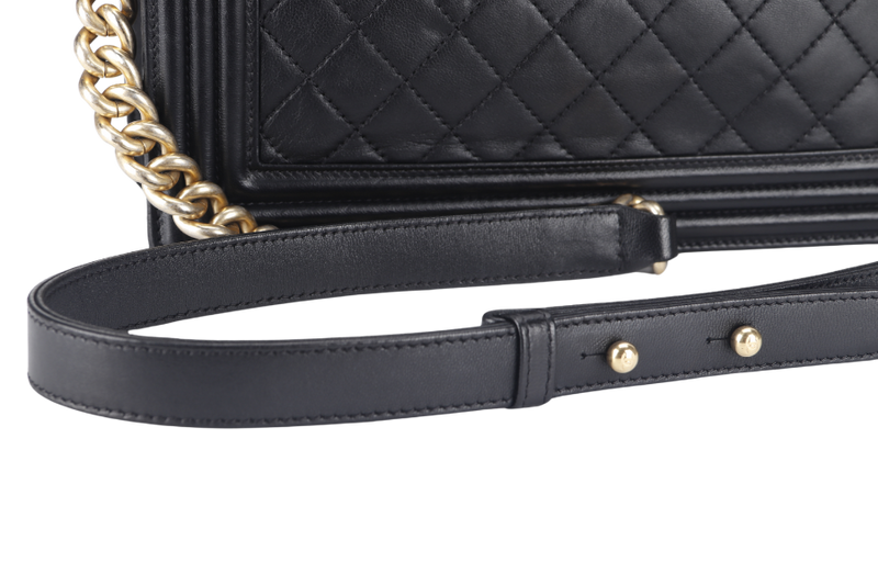 CHANEL LE BOY OLD MEDIUM (2165xxxx) BLACK LAMBSKIN GOLD HARDWARE WITH DUST COVER, CARD AND BOX