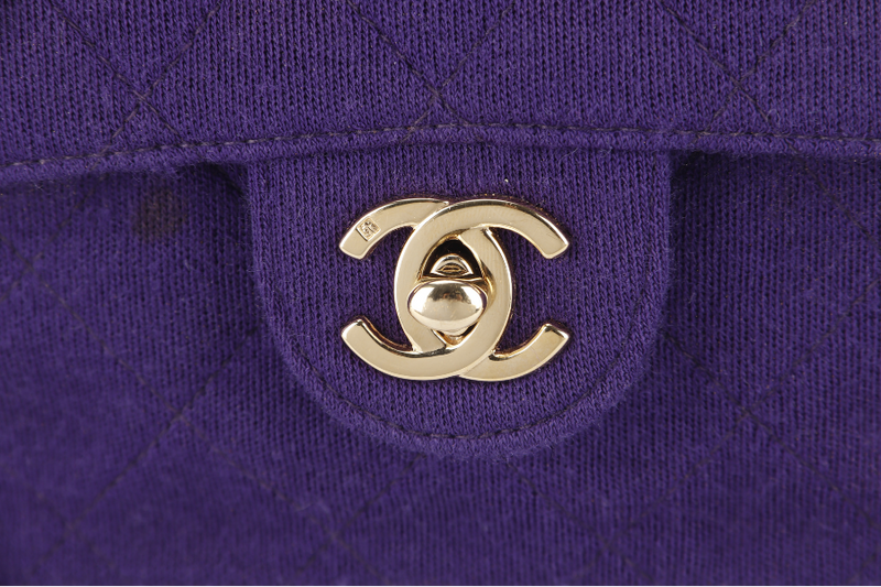 CHANEL CLASSIC FLAP MINI SQUARE (648xxxx) PURPLE JERSEY GOLD HARDWARE WITH DUST COVER AND CARD