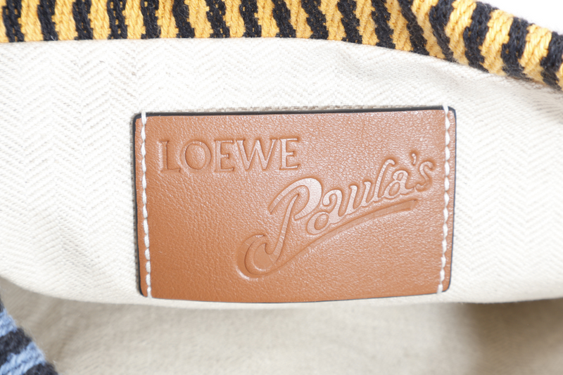 LOEWE PAULA'S IBIZA STRIPE PATCH DRAWSTRING BAG BROWN LEATHER TRIM WITH DUST COVER