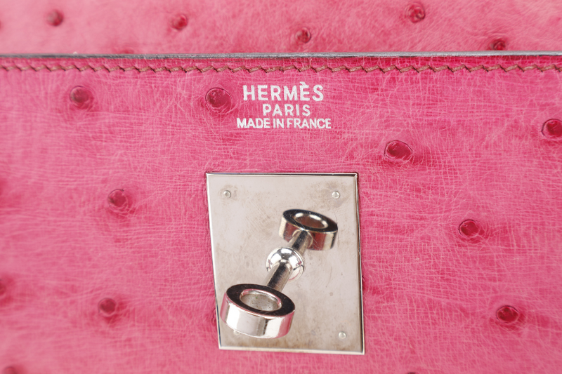 HERMES KELLY 32 RETOURNE FUCHSIA OSTRICH PHW STAMP I (YEAR 2005) WITH STRAPS AND DUST COVER