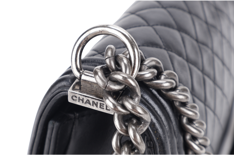 CHANEL LEBOY NEW MEDIUM BLACK LAMBSKIN LEATHER SILVER HARDWARE (2310xxxx) WITH DUST COVER AND BOX