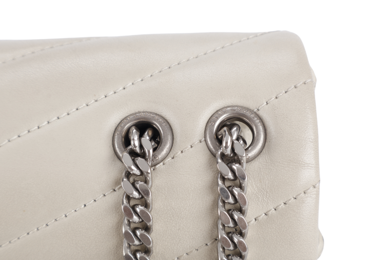 YVES SAINT LAURENT (YSL) LOULOU SMALL LIGHT GREY LEATHER SHOULDER BAG SILVER HARDWARE WITH LEATHER STRAPS, DUST COVER AND BOX