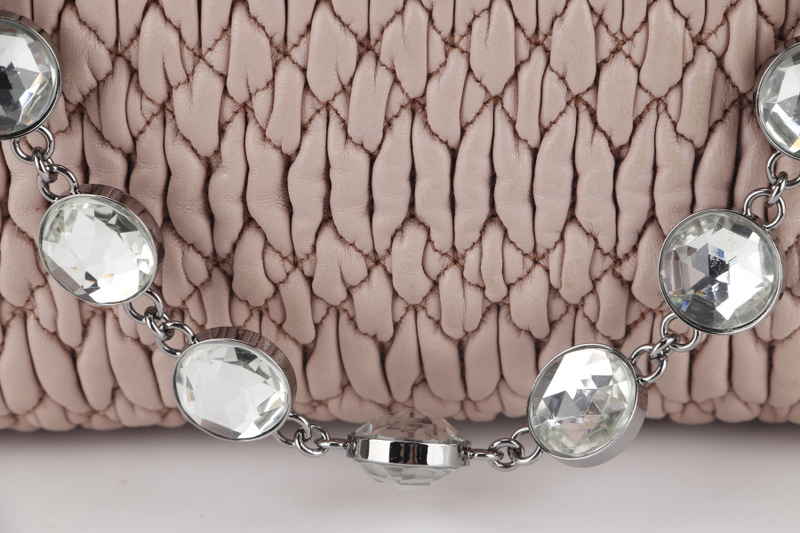 MIU MIU PINK MATELASSE NAPPA LEATHER CRYSTAL TOTE SILVER HARDWARE WITH CRYSTAL AND LEATHER STRAP