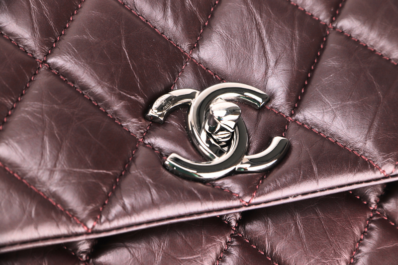 CHANEL LADY PEARLY FLAP (1690xxxx) BURGUNDY DISTRESSED LEATHER SILVER HARDWARE WITH CARD, DUST COVER & BOX