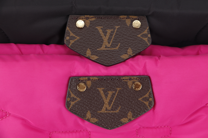 LOUIS VUITTON MAXI MULTI POCHETTE (M58980) BLACK AND FUCHSIA NYLON PILLOW MONOGRAM WITH GOLD CHAIN , STRAP WITH DUST COVER