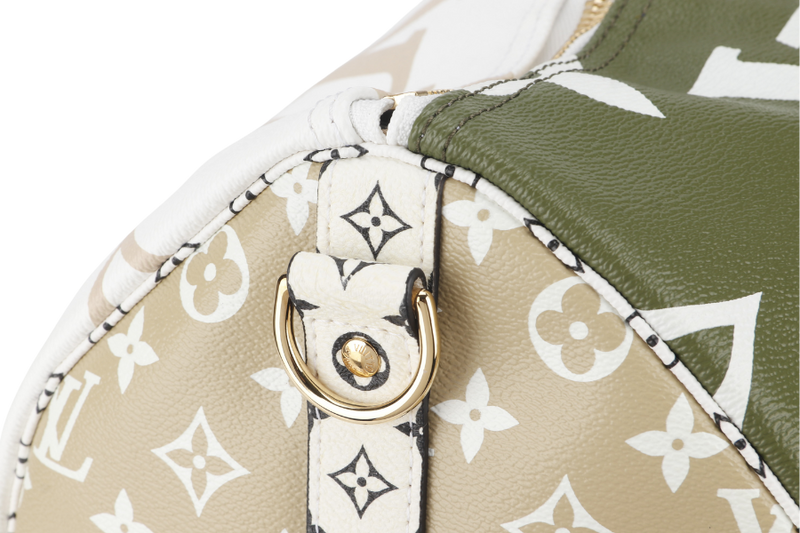 LOUIS VUITTON KEEPALL BANDOULIERE 50 (M44590) KHAKI BEIGE GIANT MONOGRAM GOLD HARDWARE WITH STRAPS, PADLOCK, KEYS, DUST COVER AND BOX