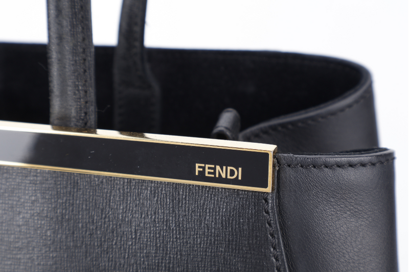 FENDI 8BH250-D7E 2JOURS ELITE TOTE MEDIUM BLACK VITELLO LEATHER GOLD HARDWARE WITH STRAPS, DUST COVER AND CARD