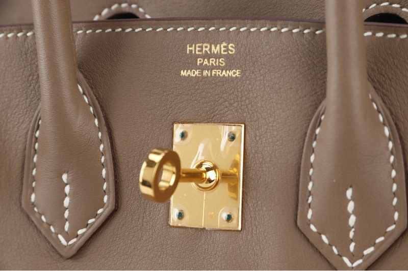 HERMES BIRKIN 25 STAMP X (YEAR 2016) ETOUPE SWIFT LEATHER GOLD HARDWARE WITH KEYS&LOCK, RAINCOAT AND DUST COVER