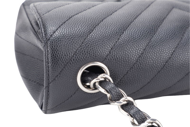 CHANEL CLASSIC FLAP BAG MINI RECTANGULAR (2508xxxx) BLACK CHEVRON CAVIAR LEATHER SILVER HARDWARE WITH CARD AND DUST COVER