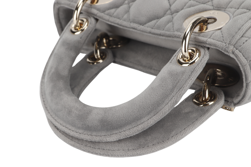 CHRISTIAN DIOR LADY DIOR (01-RU-1129) MINI GREY SUEDE LEATHER GOLD HARDWARE WITH STRAP, CARD AND DUST COVER