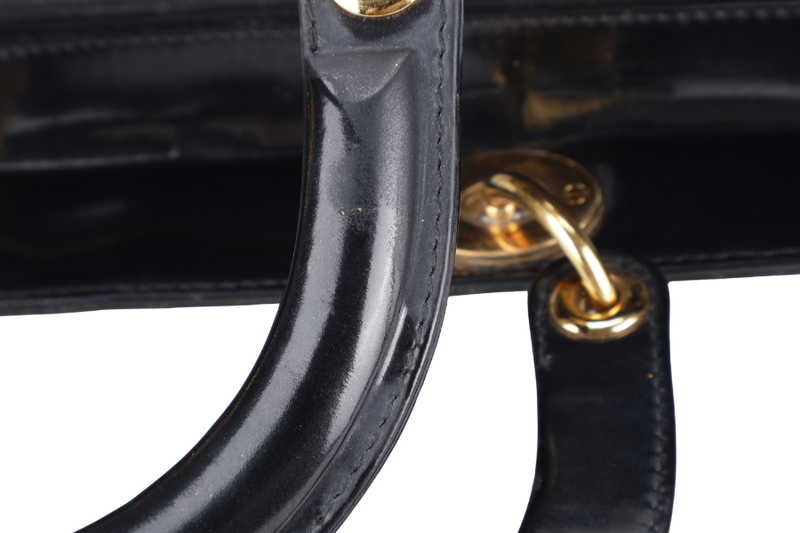 CHRISTIAN DIOR LADY DIOR LARGE PATENT BLACK GOLD HARDWARE WITH CARD AND DUST COVER