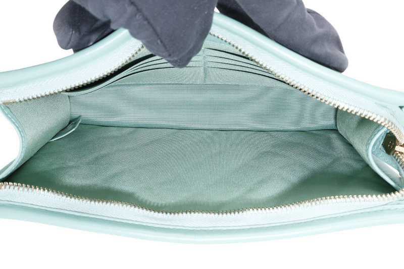 CHANEL GREEN TWEED PVC LAMBSKIN CHANEL LOGO WRISTLET POUCH (2081xxxx) GOLD HARDWARE WITH DUST COVER AND CARD