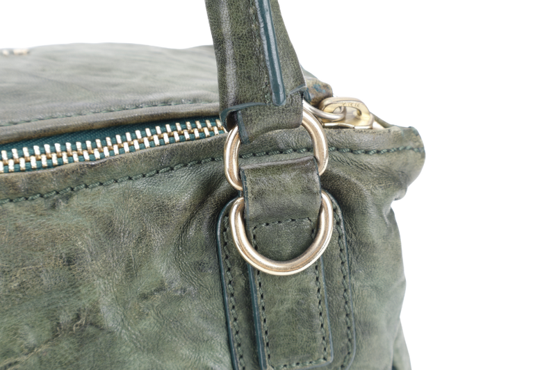 GIVENCHY PANDORA SMALL DARK GREEN DISTRESSED SHEEPSKIN LEATHER GOLD HARDWARE WITH LEATHER STRAPS