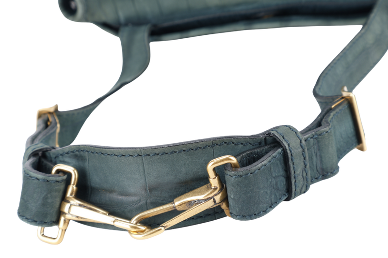YVES SAINT LAURENT (YSL) BESACE GREEN CROC EMBOSSED LEATHER GOLD HARDWARE NO DUST COVER