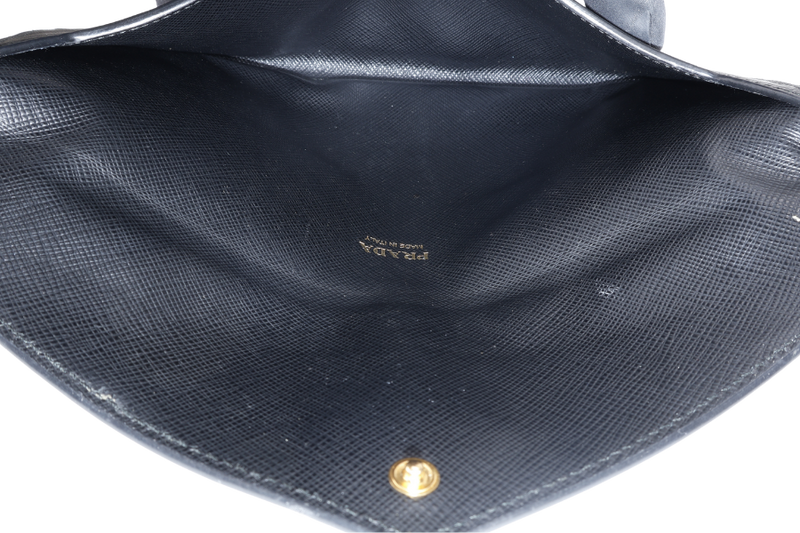 PRADA 1MF006 SAFFIANO LEATHER ENVELOPE CLUTCH BLACK & BLUE WITH CARD AND BOX