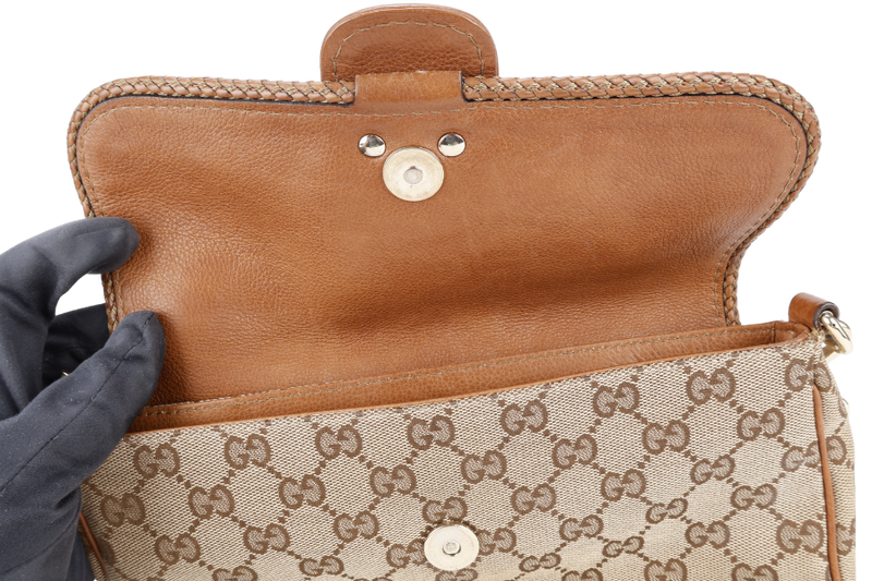 GUCCI VINTAGE BEIGE AND BROWN GG CANVAS MARRAKECH EVENING BAG GOLD HARDWARE WITH DUST COVER