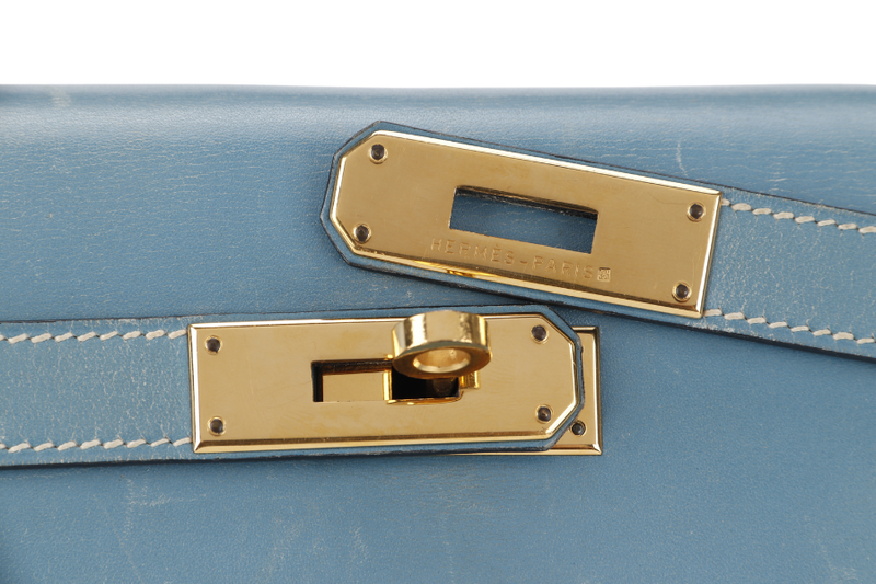 HERMES KELLY 32 STAMP A (YEAR 1997) BLUE JEAN BOX LEATHER GOLD HARDWARE WITH DUST COVER, STRAP , KEYS AND LOCK