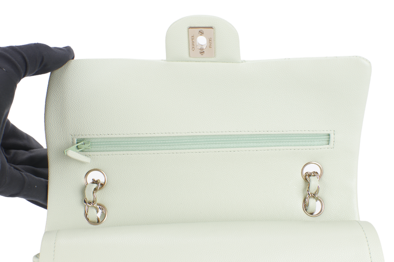 CHANEL FLAP MEDIUM (ALUNxxxx) MINT GREEN CAVIAR LEATHER LIGHT GOLD HARDWARE MICROCHIP WITH DUST COVER