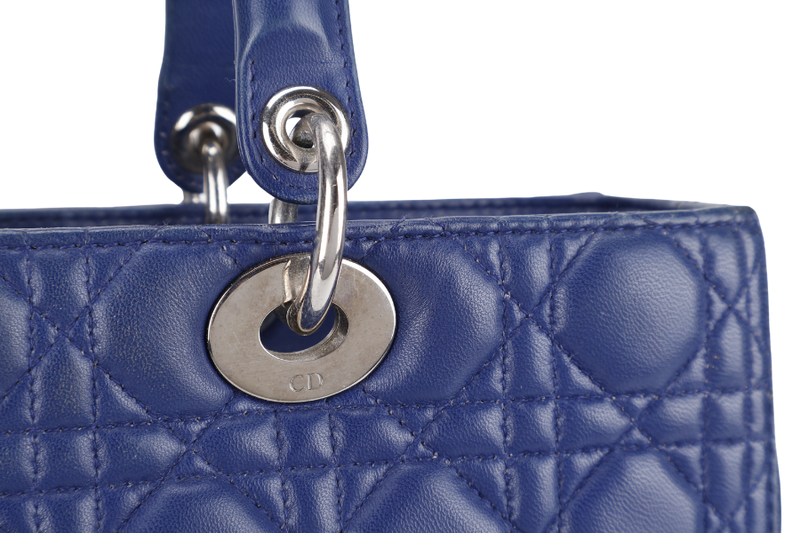 CHRISTIAN DIOR LADY DIOR (13-BO-1113) LARGE BLUE LAMBSKIN SILVER HARDWARE WITH LONG STRAPS NO DUST COVER