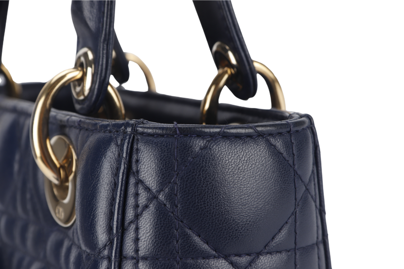 CHRISTIAN DIOR LADY DIOR SMALL (01-RU-1117) NAVY BLUE CANNAGE LAMBSKIN GOLD HARDWARE WITH STRAP, DUST COVER AND BOX