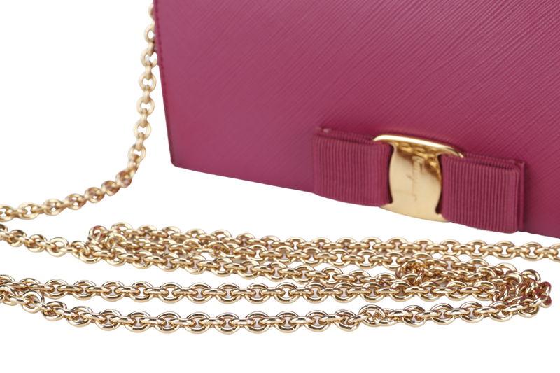 SALVATORE FERRAGAMO MISS VARA BOW CROSSBODY WALLET ON CHAIN (KM22B850) DARK PINK LEATHER GOLD HARDWARE WITH BOX