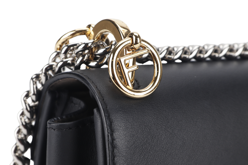 FENDI KAN I LOGO CROSSBODY (8BT286) SMALL BLACK CALF LEATHER PALLADIUM AND GOLD HARDWARE WITH DUST COVER