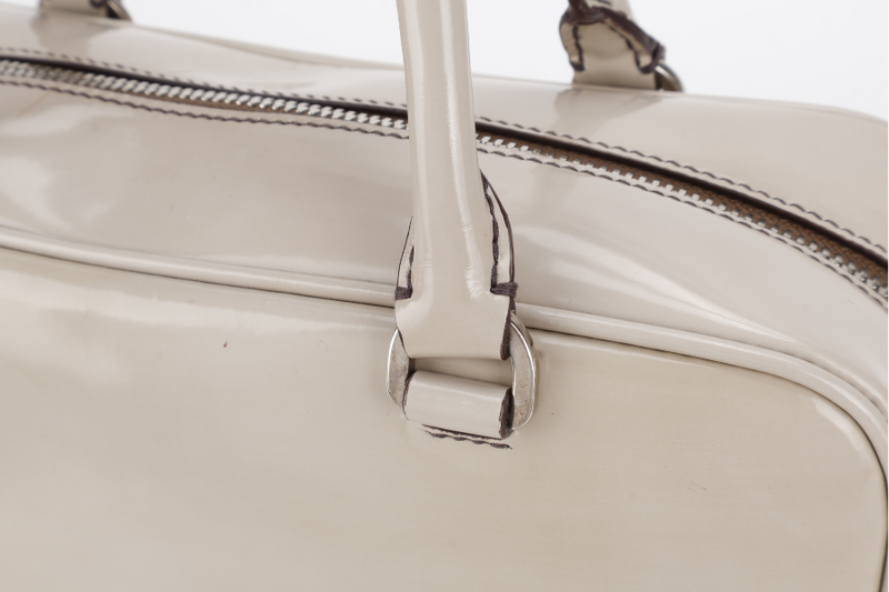 PRADA BN1114 TOP HANDLE BEIGE VINYL BAG SILVER HARDWARE WITH CARD, KEYS&LOCK AND DUST COVER