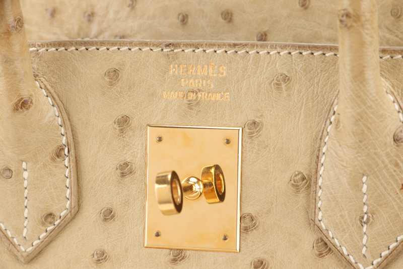 HERMES BIRKIN HAC 32 OSTRICH PARCHEMIN GOLD HARDWARE STAMP C (YEAR 1999) WITH KEYS, LOCK AND DUST COVER