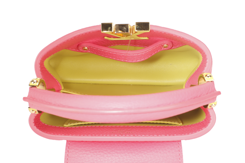 LOUIS VUITTON MINI CAPUCINES (M59440) PINK-LIME TAURILLON LEATHER GOLD HARDWARE MICROCHIP WITH STRAP, DUST COVER AND BOX