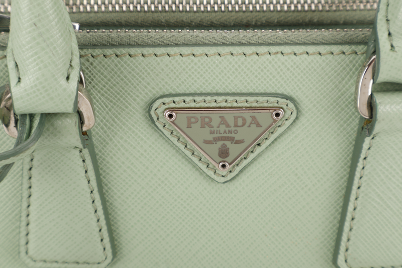 PRADA SAFFIANO LUX SMALL GALLERIA DOUBLE ZIP TOTE AQUAMARINE SILVER HARDWARE WITH CARD AND DUST COVER