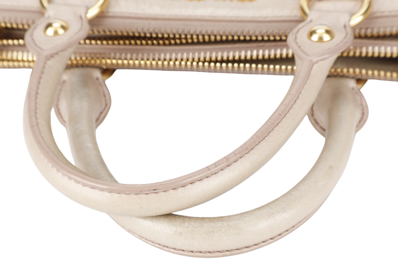 MIU MIU VITELLO LUX LARGE BEIGE BOWLER BAG GOLD HARDWARE WITH LEATHER STRAPS AND DUST COVER