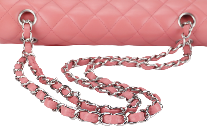 CHANEL FLAP MEDIUM (1632xxxx) PINK LAMBSKIN LEATHER SILVER HARDWARE WITH CARD, DUST COVER AND BOX