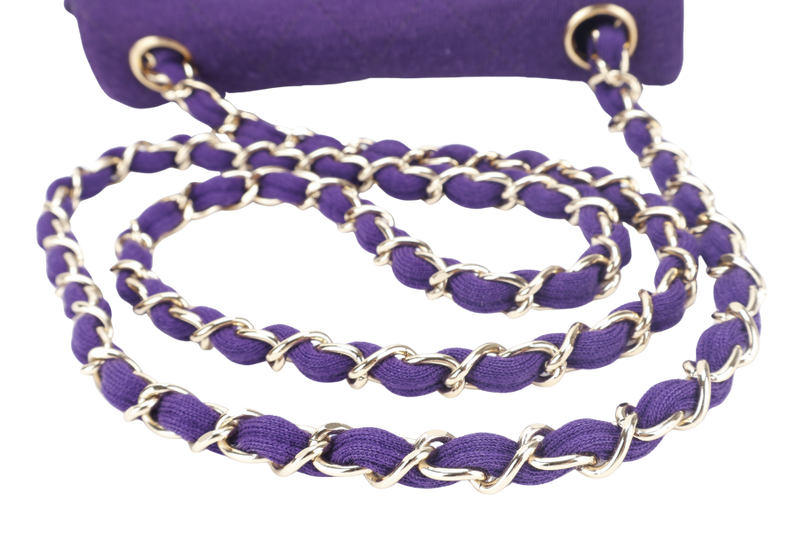 CHANEL CLASSIC FLAP MINI SQUARE (648xxxx) PURPLE JERSEY GOLD HARDWARE WITH DUST COVER AND CARD
