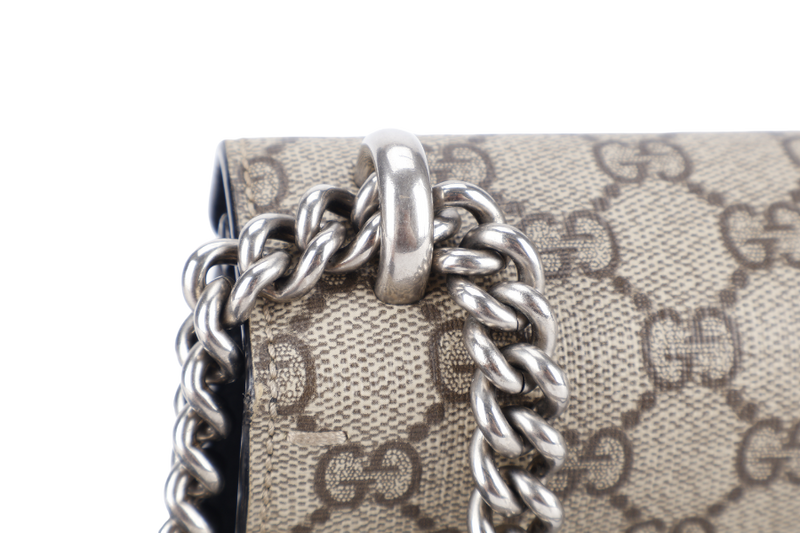 GUCCI DIONYSUS GG SUPREME CHAIN SHOULDER BAG SMALL BROWN LEATHER SUEDE SILVER HARDWARE WITH DUST COVER AND BOX