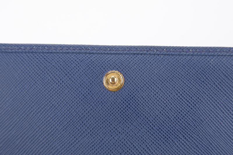 PRADA WRISTLET WALLET DARK BLUE SAFFIANO LEATHER GOLD HARDWARE