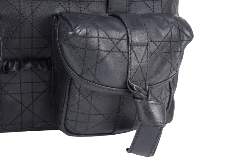 CHRISTIAN DIOR SHOULDER BAG (03-BM-1014) BLACK CANNAGE PATTERNED LEATHER SILVER HARDWARE NO DUST COVER