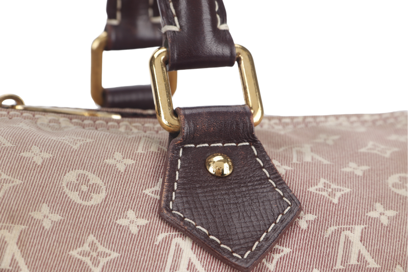 LOUIS VUITTON SPEEDY BANDOULIERE 30 MINI LIN CANVAS GOLD HARDWARE WITH DUST COVER, STRAPS,  LOCK AND KEYS