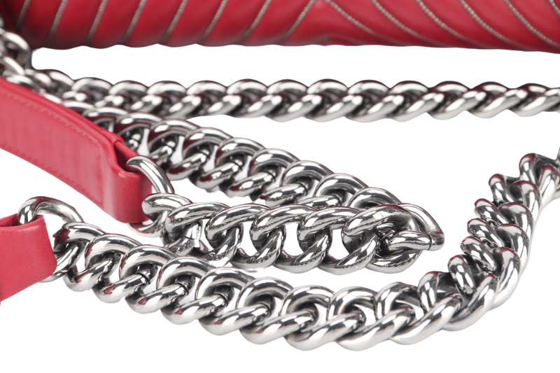 CHANEL LEBOY RED CHEVRON WITH GLITTERS LINE SILVER HARDWARE (2038xxxx) WITH CARD AND BOX