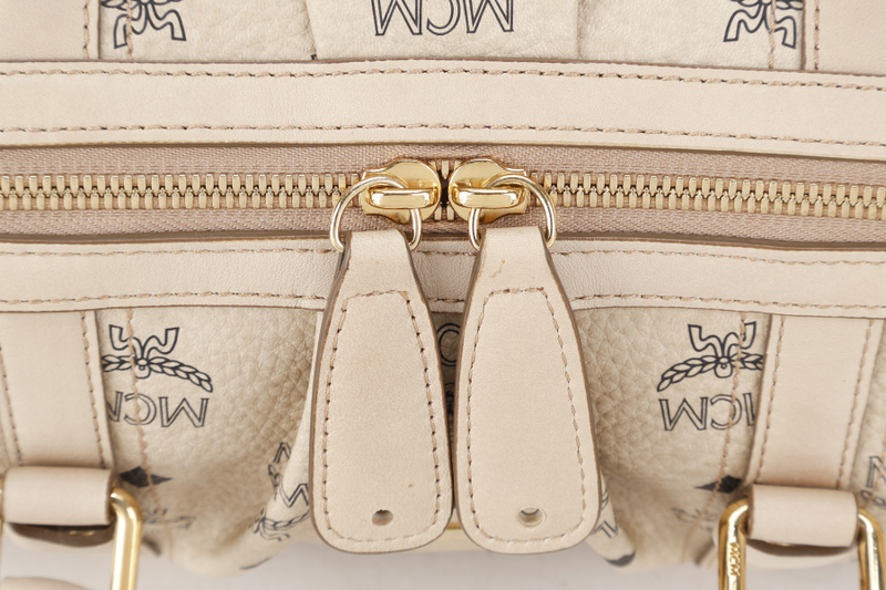 MCM BOSTON LIGHT BEIGE MONOGRAM CANVAS GOLD HARDWARE WITH KEYS, LOCK AND DUST COVER